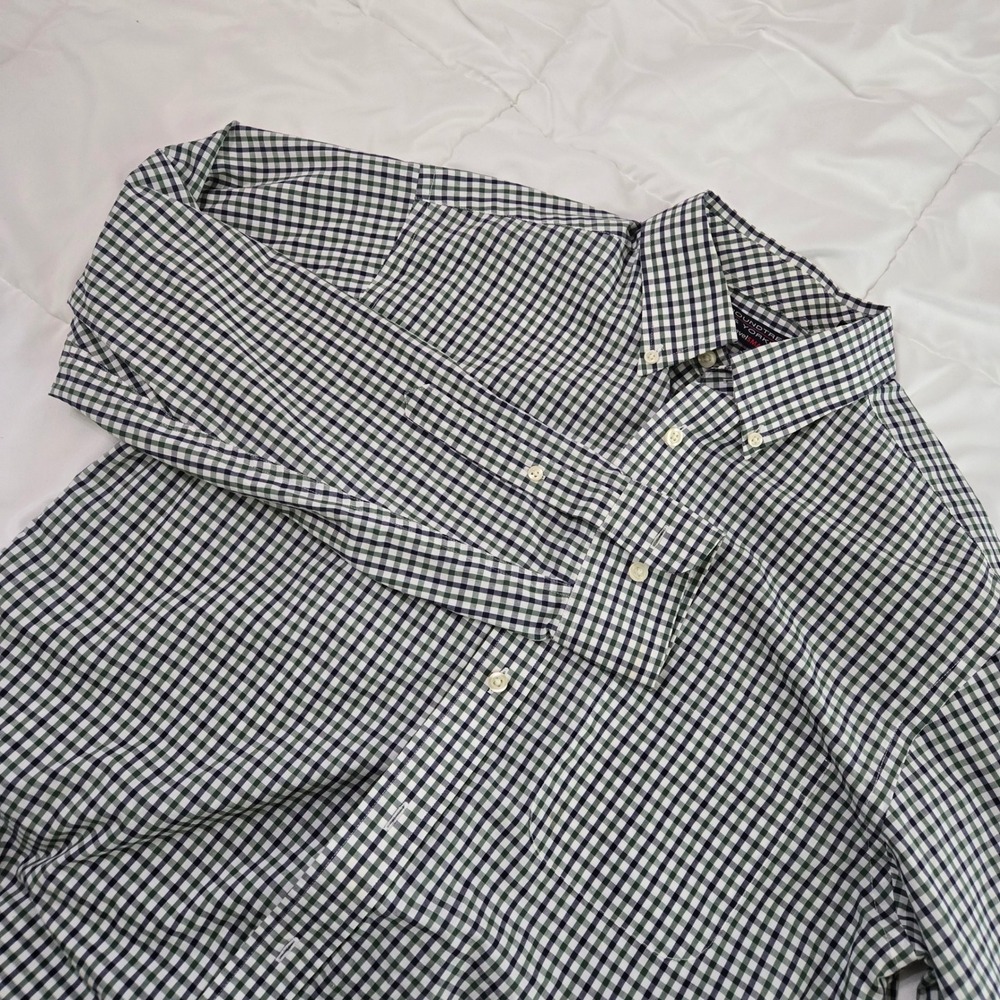 Roundtree & Yorke travelSMART Mens Medium Gingham Button Down Shirt Green Navy